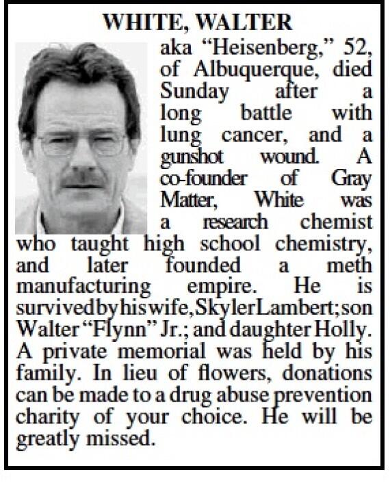 Gramatik's tweet photo. The fact that The Albuquerque Journal put out a fan paid obituary for Walter White is just beyond fucking awesome. :) http://t.co/VCQ7vJPhWR