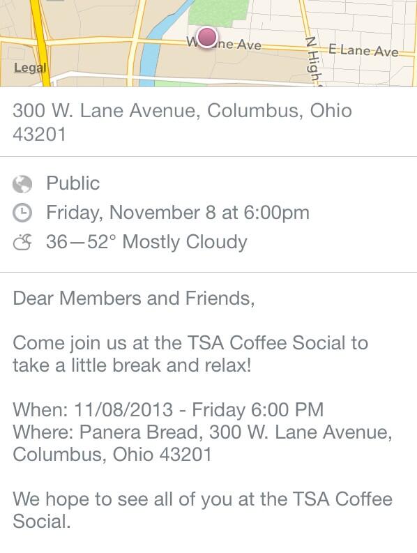TSAOSU's tweet photo. coffee social on friday, november 8, at 6:00 pm : http://t.co/dx3UaCUibp
