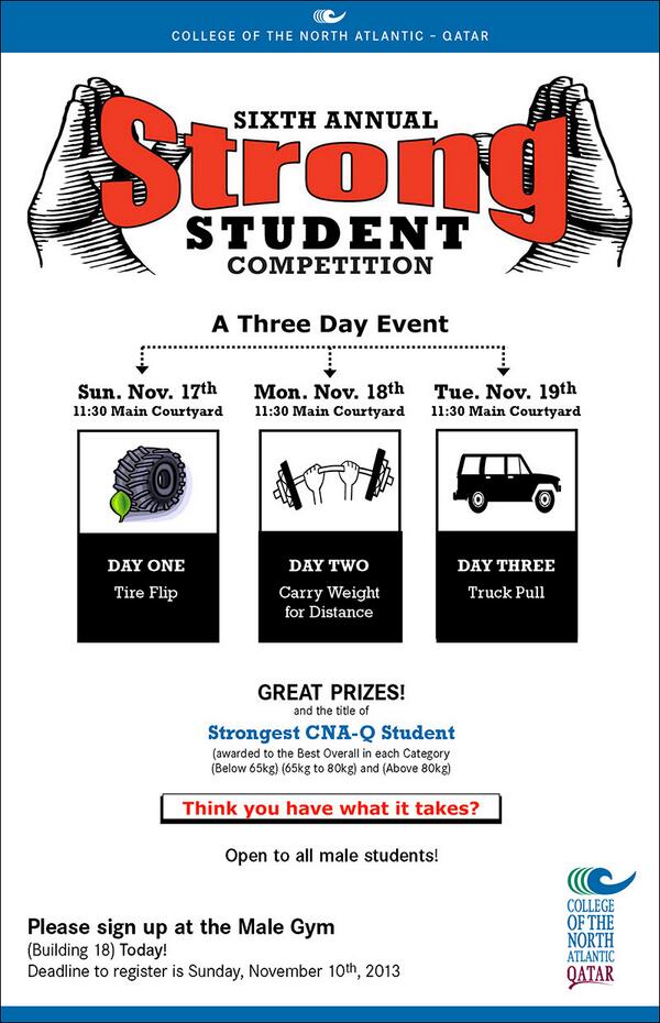 UDSTOFFICIAL's tweet photo. Sixth Annual Strong Student Competition November 17 - 19 #cnaq @CNAQ_Student #Qatar http://t.co/GoFSKHXOey