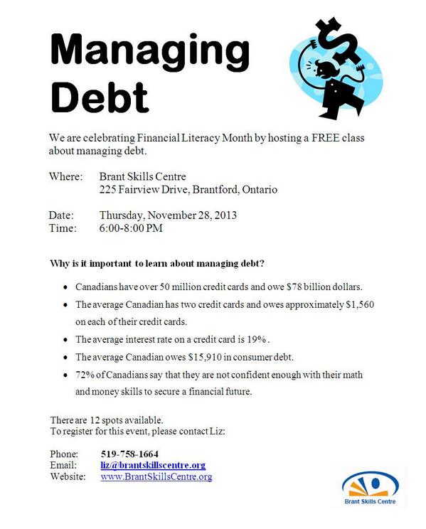 BrantSkills's tweet image. It is #financialliteracymonth and we are hosting a free workshop on how to manage your debt. Sign up today!