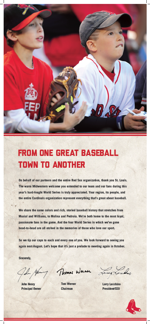 SportsCenter's tweet photo. Red Sox took out a full-page ad in St. Louis Post-Dispatch on Tuesday, tipping their cap to Cardinals fans. http://t.co/mBrFzi6IYQ