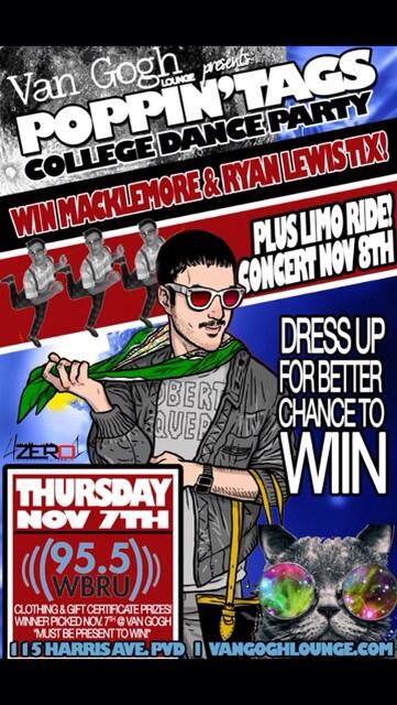 4zero1's tweet image. What are you doing this Thursday? Wanna win tickets to Macklemore and Ryan Lewis? Then come to Van Gogh!