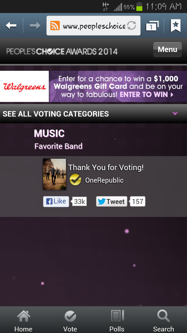 JennyPlace's tweet photo. Voting for 1R now!! Yeah!! Sure win! :) @OneRepublic @mrs_tedder  @EddieFisher1R @ZachFilkins @browndown @brentkutzle http://t.co/zuYbB1WhgQ