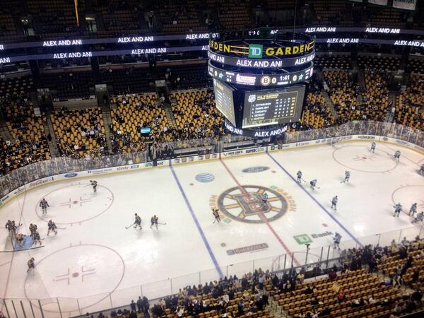 NHLBruins's tweet photo. Scene as warm-ups wrapped up here @tdgarden. Puck drop 20 minutes away ^CS http://t.co/ImeDrTZuBt
