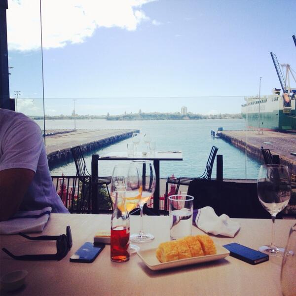 MetroMagNZ's tweet photo. Celebrating the first-ever lunch service at #Ostro, Britomart. Not a bad view, eh? http://t.co/sMOAptxGvG