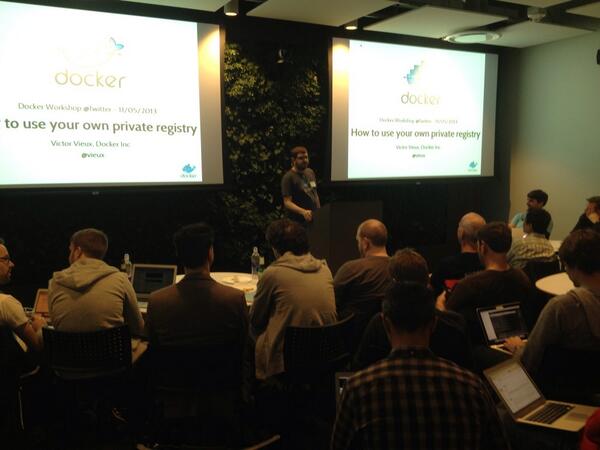 Docker's tweet photo. . @vieux on "how to use you own private registry" #dockerworkshop http://t.co/C86BxuNi0y