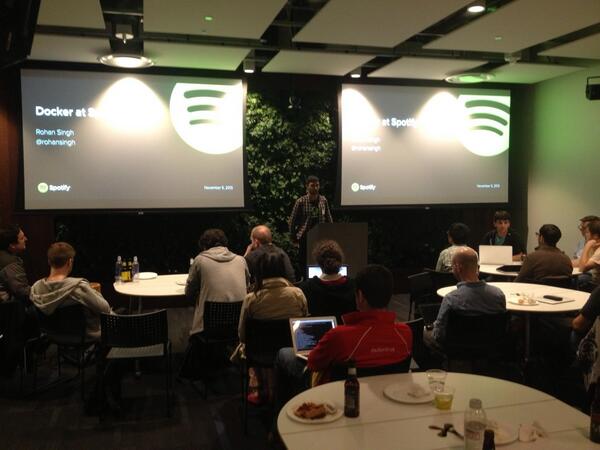 Docker's tweet photo. . @rohansingh on @docker at @Spotify #dockerworkshop http://t.co/AYzhqFjbxE