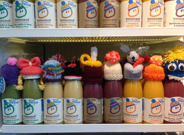 innocent's tweet photo. LOOK - #BigKnit hats are in stores everywhere now. Grab a behatted bottle &amp; help @age_uk look after older people http://t.co/UkIHjC5BJo