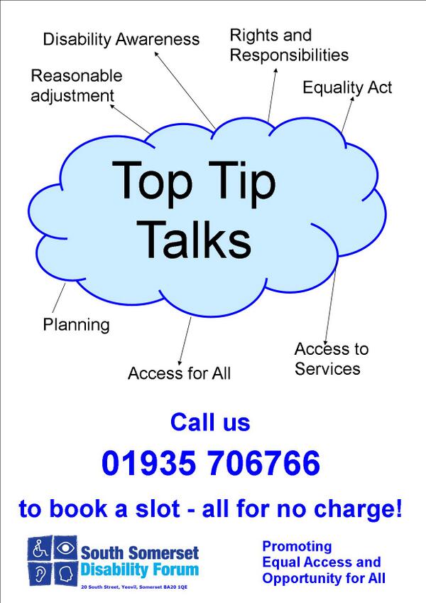 SSomDisForum's tweet photo. Top Tip Talks. Interested in learning more about disability in South Somerset? Call 01935 706766 to book a free talk. http://t.co/biHlqIhUh7