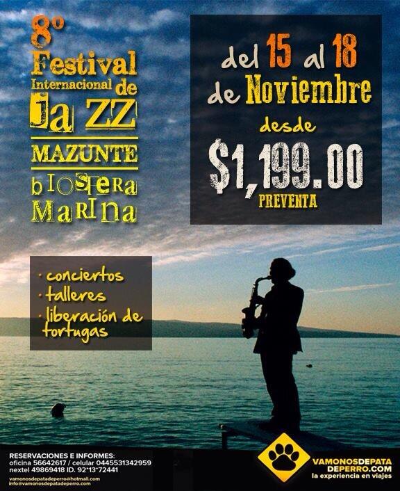 vamonosdepatade's tweet photo. @ColAlfonsoXIII RT
#viaje al Festival de Jazz en #Mazunte 
15 al 18 nov
Desde $1199  
Salida del df 
Tel 56642617 http://t.co/6bZ5ghSjPT