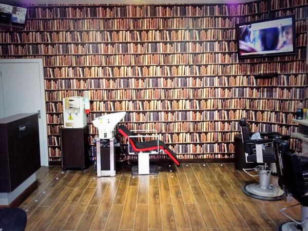 New mens salon @EsquireGrooming has recently opened in #Whamp and looks fantastic! I love the book shelf wallpaper.