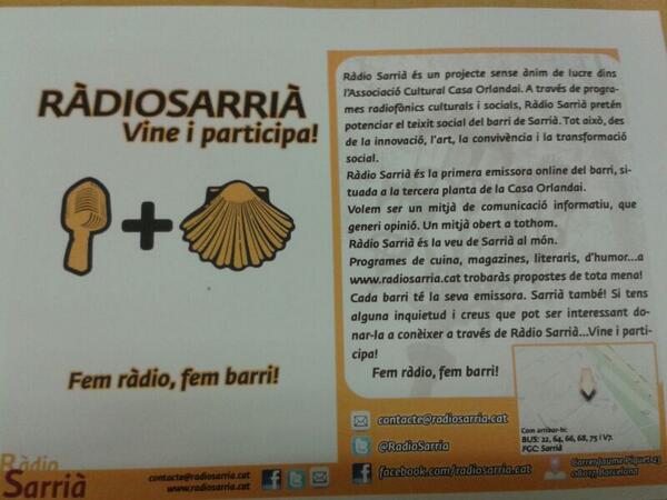 Casaorlandai's tweet photo. @RadioSarria Mitjà de comunicació generador d'opinió que teixeix vincles entre el veïnat de Sarrià. #fembarri http://t.co/RZM4CHEblg