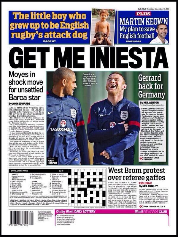 DeadlineDayLive's tweet photo. Manchester United manager David Moyes will make a move for Barcelona midfielder Andres Iniesta. (Source: Daily Mail) http://t.co/6oXXVATaxe