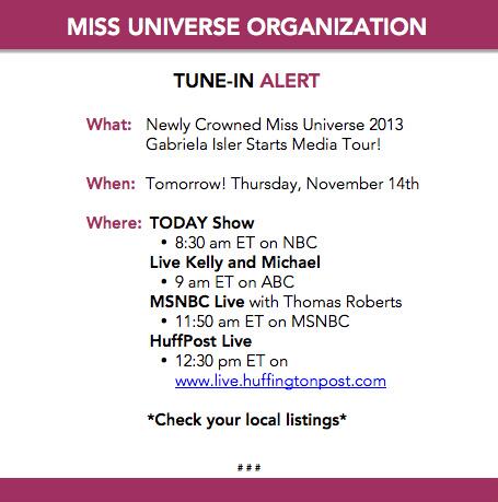 MUO_PR's tweet photo. Get to know the newly crowned Miss Universe 2013 during her media tour tomorrow! Tune in here: http://t.co/sYRC6XtSkv