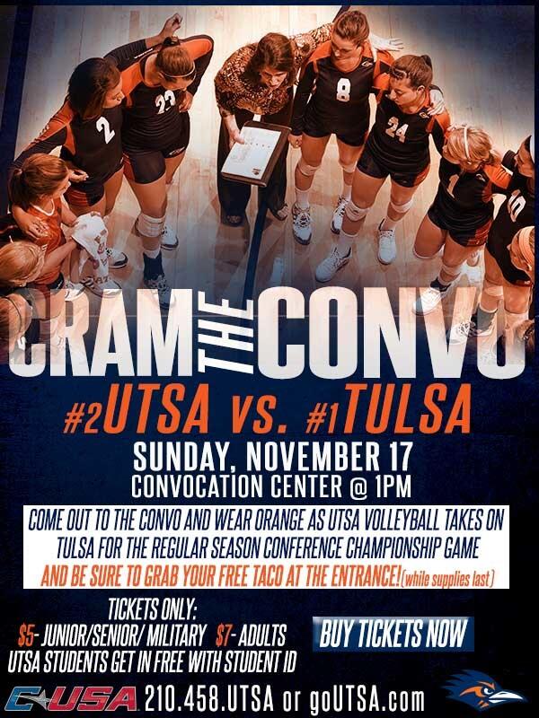 UTSAAthletics's tweet photo. CRAM THE CONVO Sunday at 1 pm when @UTSAvolleyball competes for the #CUSA Championship #orangeout #freetacos http://t.co/oHBSRocp9F