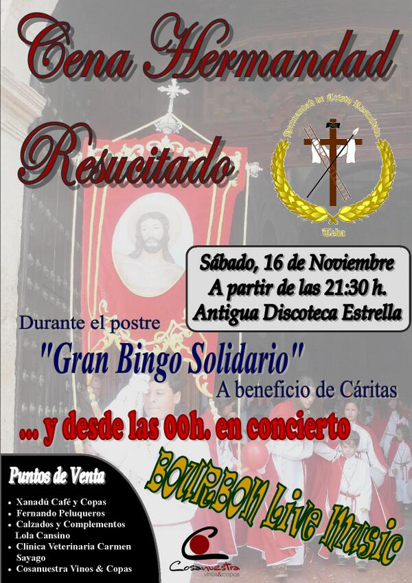 Cosanuestrateba's tweet photo. Cena de Hermandad del Resucitado, sábado 16, con Bingo Solidario y música en directo. No faltéis!! http://t.co/G79Jd6QUSB