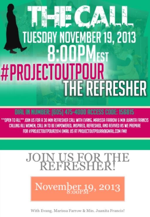 ProjectOutpour's tweet image. Join us for &quot;The Refresher&quot; with @MarissaFarrow &amp;amp; @Juanita_Francis Nov 19th at 8pm!! #ProjectOutpour