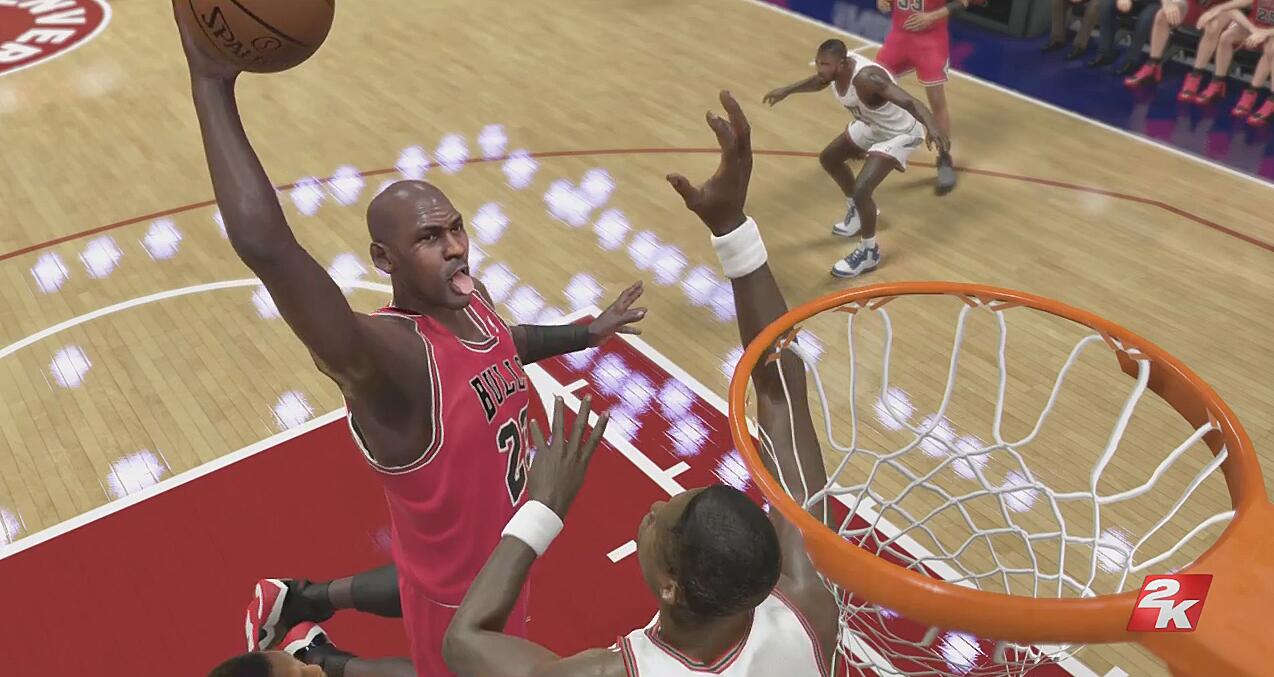 Steve Noah on X: Michael Jordan dunks on Dikembe Mutombo @officialmutombo  in next-gen #NBA2K14 (No, no, noNot in my house!)   / X