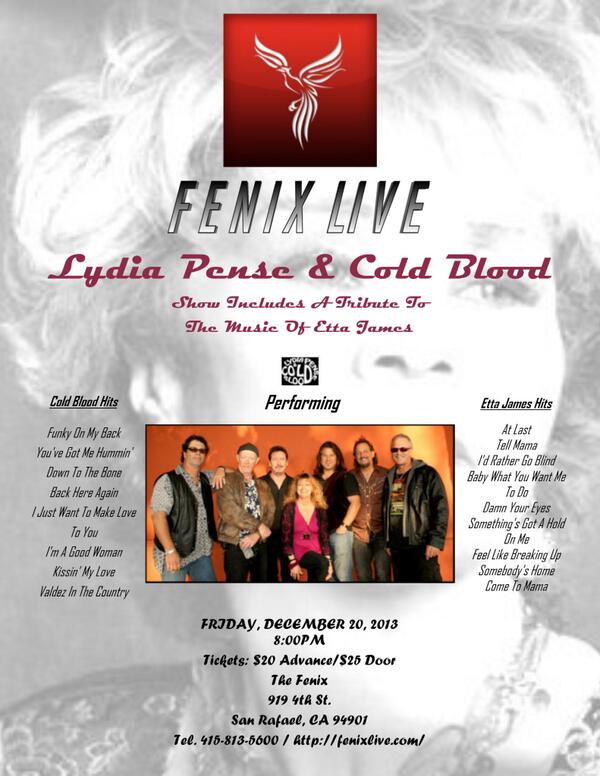 LydiaPenseandCB's tweet photo. @LydiaPenseandCB 12/20/13 The @FENIXsupperclub , San Rafael,CA $20 adv./$25 door. http://t.co/yh0ooH6P5D 415-813-5500 http://t.co/eZk01fQFRY
