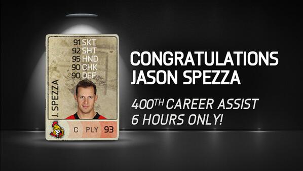 EASPORTSNHL's tweet photo. HUT Milestone Item Available Now! Congrats Spezza on your 400th assist! #NHl14 http://t.co/Qo8MAwCeKn