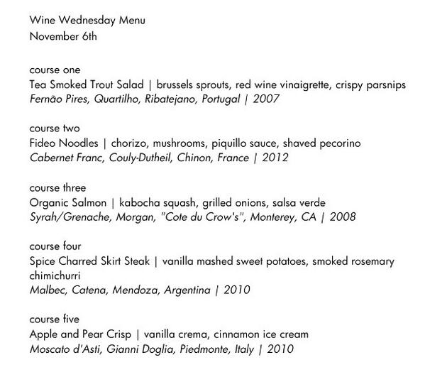 #WineWednesday Chef Randy's 5-course seasonal tasting menu with wine pairings for $49