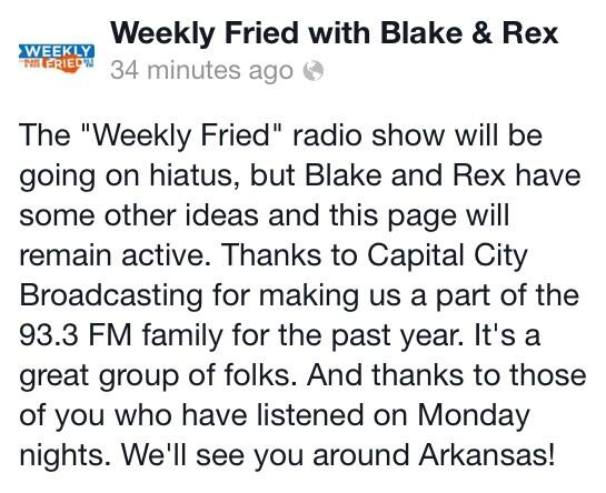 weeklyfried's tweet photo. ICYMI - Blake &amp; Rex are hanging it up...for now. A big "Thank You!" to everyone that made @weeklyfried so much fun! http://t.co/sMVaaKcenr