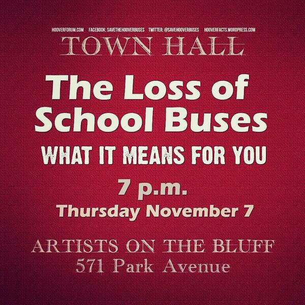 SaveHooverBuses's tweet photo. Town Hall meeting tomorrow night!
#savehooverbuses  #savethehooverbuses http://t.co/h3GAODPfER