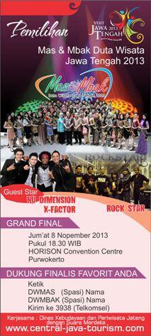 VisitJawaTengah's tweet image. Pemilihan Mas-Mbak Duta Wisata Jawa Tengah 2013 | 8 Nopember 2013 | Kab. Banyumas #VisitJateng2013