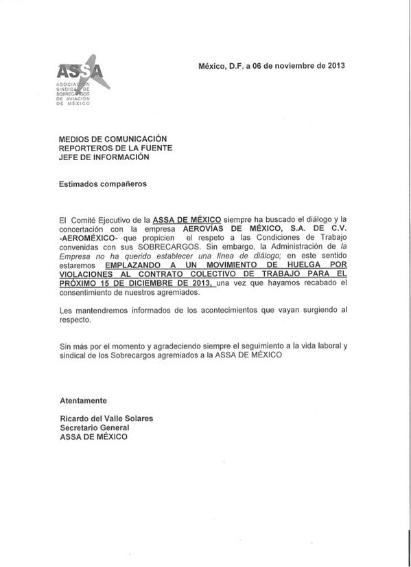 ASSAPRENSA's tweet photo. BOLETÍN INFORMATIVO #ASSA MÉXICO EMPLAZAMIENTO A HUELGA #aeromexico #AEROMEXICO @brozoxmiswebs @JavierSolorzano http://t.co/NKoKcSfwce