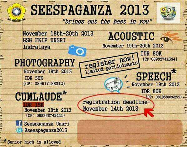 FkipEngClub's tweet photo. @Merry_Unsri mer enjuk tau kawan2 ado lomba @seespaganza2013 jangan lupo melok yee.. mokasih mer.. http://t.co/ve8KCcKIcn