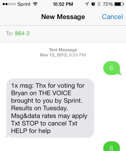 HelenofTroy55's tweet photo. Still have the texts from when I voted for @BryanPeeps!!! Wahhhhhh I miss his voice on @NBCTheVoice http://t.co/C4yqNucade