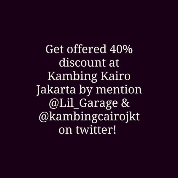 Lil_Garage's tweet photo. Mention @Lil_Garage n @kambingcairoJKT di acara kita, tweet kesan km disini dan dapetin discountnya :) http://t.co/HUoYuCJdWb
