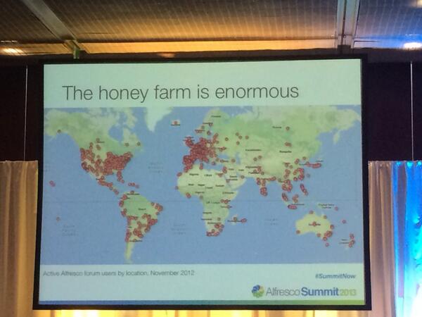 iannort's tweet photo. @jeffpotts01 detailing Alfresco forum contributors around the world #SummitNow http://t.co/p7PWlSOCkH