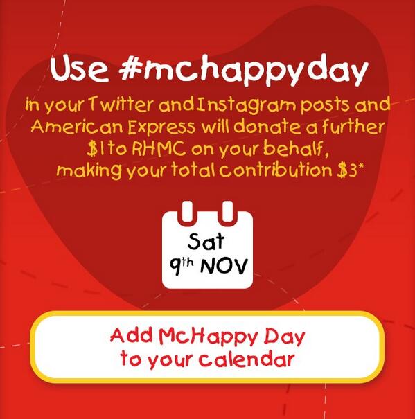 3DArmy's tweet photo. #mchappyday 
Use the McHappyDay hashtag on twitter and Instagram and Amex will donate $1 to the RMHC on your behalf. http://t.co/ZTIRmtffBe