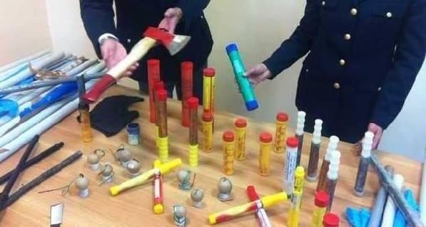 FBAwayDays's tweet photo. Confiscated objects from Napoli vs Marseille last night. Includes axes, swords and explosives. http://t.co/Nmwte9WnOP
