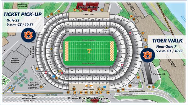 AuburnTigers's tweet photo. Tiger Walk at Neyland will be near Gate 7 Saturday (approx. 9 a.m. CT/10 ET). #Auburn ticket pick-up at Gate 22: http://t.co/H2KYBbBiL2