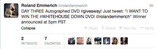 rolandemmerich's tweet photo. Under TWO HOURS until I pick the winner... see picture for instructions. #WhiteHouseDown #Giveaway week!! http://t.co/HaaJM27Im0