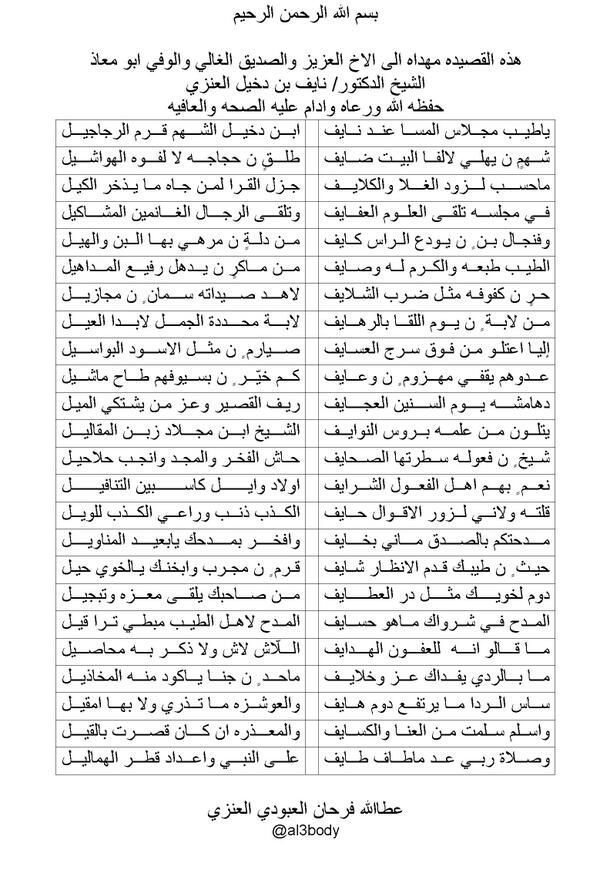 قصيده لي في اخي وصديقي العزيز ابو معاذ الشيخ الدكتور/نايف بن دخيل العنزي