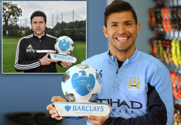 BYiqj WIEAAvRxl Mauricio Pochettino and Sergio Aguero pose for their Manager and Player of the Month awards