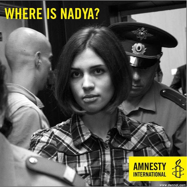 AmnestyUK's tweet image. Where is Nadya? Call on Russia to confirm her whereabouts. #FreePussyRiot: amn.st/1hqyBSV
