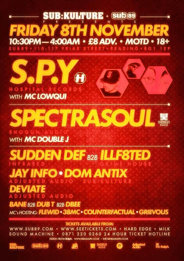 Local rave up tonight with <a href="/SPYDNB/">S.P.Y</a> &amp; <a href="/_SpectraSoul_/">SpectraSoul</a> in Reading for <a href="/SubkultureDnB/">SubKultureDnB</a> ... #vibes