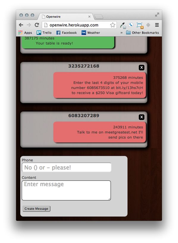 bradorego's tweet image. @ajbraus Remember that time our #openwire @twilio number got misc. spam texts? Lolz cc/ @buildmadison