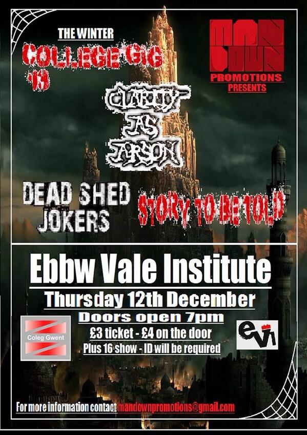 ManDownpPro's tweet photo. Happy to announce that @deadshedjokers @STBTofficial and Clarity As Arson will be playing at the College Gig! http://t.co/97Csr6V6uI