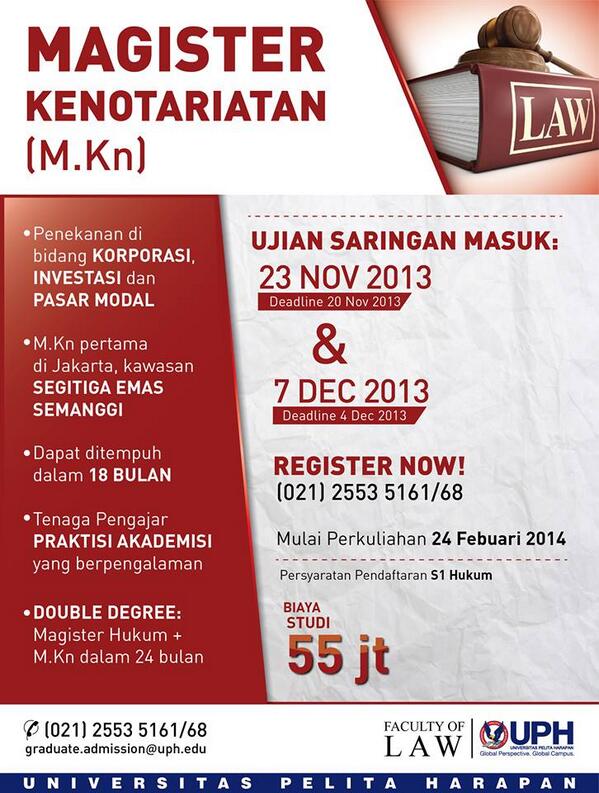 Prog Magister Kenotariatan UPH buka pendaftaran u/ feb intake, perkuliahan mulai 24 feb '14 enroll now <a href="/IKANIFHUPH/">Ikatan Alumni FH UPH</a>