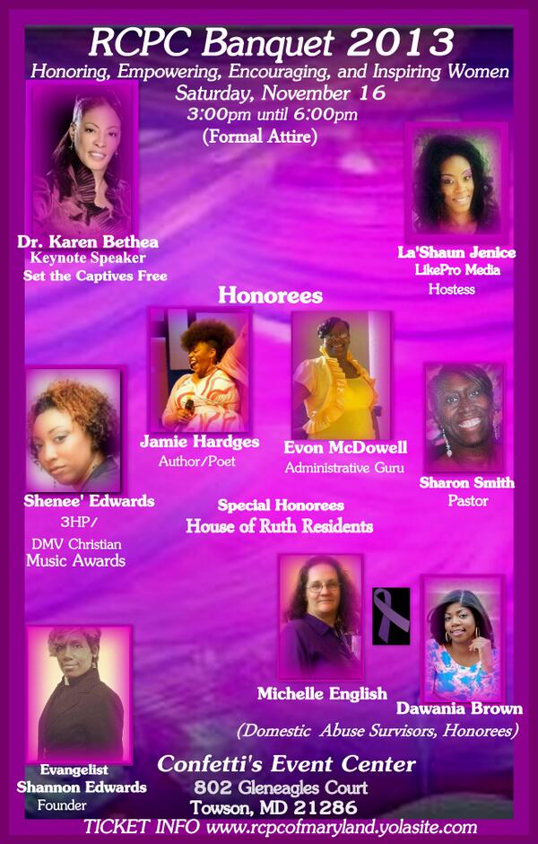 sheneewoodson's tweet image. RCPC BANQUET 2013. SATURDAY, NOVEMBER 16TH 3PM-6PM @RCPC_Ministries @3HPRECORDS @shenee_Nay @LaJePro @DrKarenSBethea
