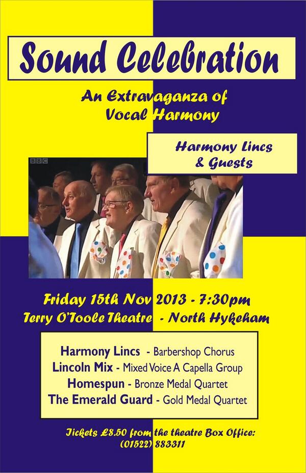 HomeSpunQuartet's tweet photo. Singing with Harmony Lincs &amp; guests (inc gold medallists @guardquartet) at Sound Celebration15 November see us there! http://t.co/U2wV1vmCyo