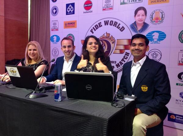 viditchess's tweet photo. Good luck ! RT @SusanPolgar  The #FWCM Commentary team will  be on air 10 min early today for introduction #fwcm2013 http://t.co/vGluNDsXAO