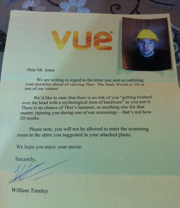 I finally received a letter back about seeing the new Thor film in 3D.