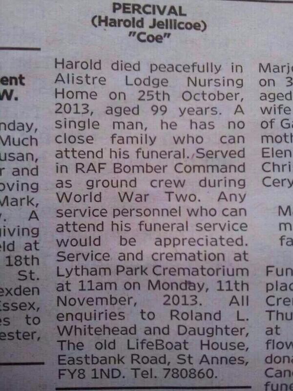 “99yr old war hero Harold from Lytham funeral on Monday. No family for  funeral #clubhectare? help maybe ”