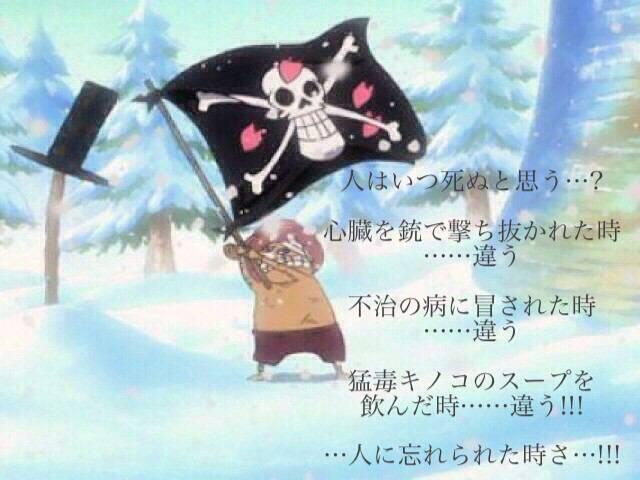 One Piece は世界を繋ぐ Pa Twitter Onepiece名言part15 人はいつ死ぬと思う 心臓を銃で撃ち抜かれた時 違う 不治の病に犯された時 違う 猛毒キノコのスープを飲んだ時 違う 人に忘れられた時さ Dr ヒルルク Http T Co